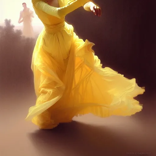 Prompt: a woman in a yellow organza dress dancing, intricate, elegant, digital painting, realistic, concept art, smooth, sharp focus, illustration, by ruan jia and mandy jurgens and william - adolphe bouguereau, artgerm