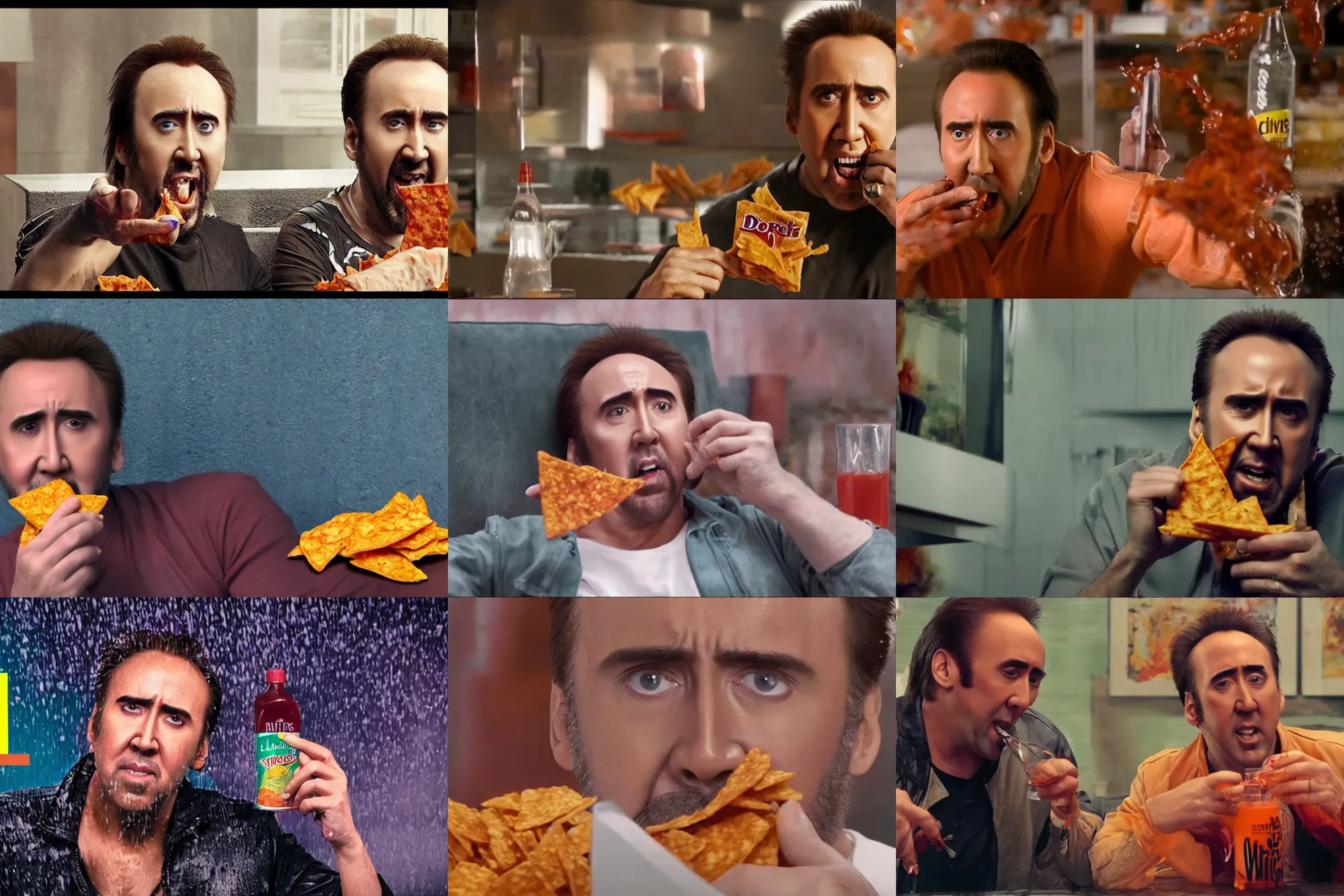 Prompt: nicolas cage drinking dorito juice happily, wet mouth, dripping dorito juice, 2 0 1 5 viral advertisement, english text, food commercial 4 k