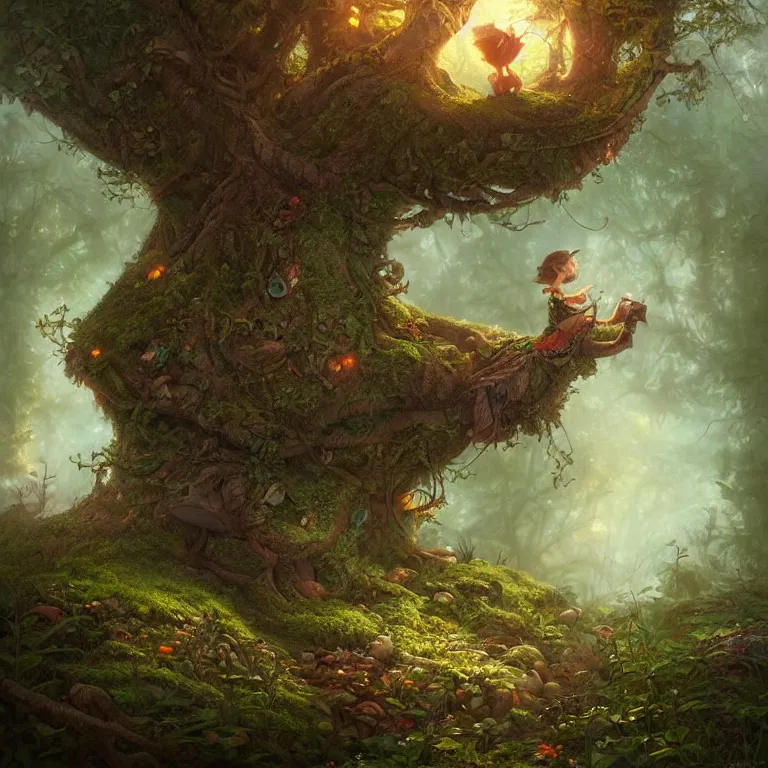 Image similar to tiny seeds float around a fairytale tree in a forest glade by Justin Gerard, evening light, fantasy art, trending on artstation