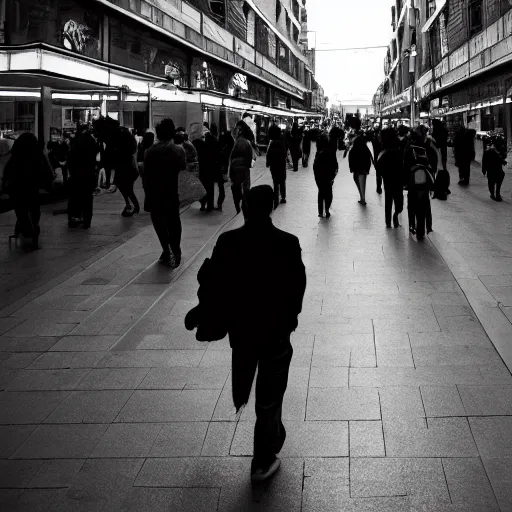 Image similar to film still, man walking in crowded street, realistic, black and white, detailed, shot on camera