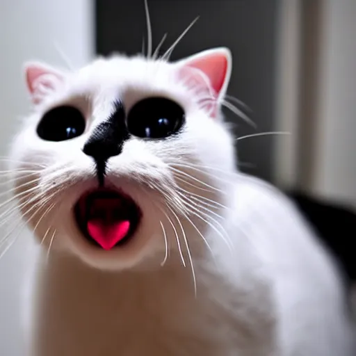 Prompt: A photograph of a white cat with black fur around her eyes sticking tongue out, looking at camera, warm lighting, cute, playful