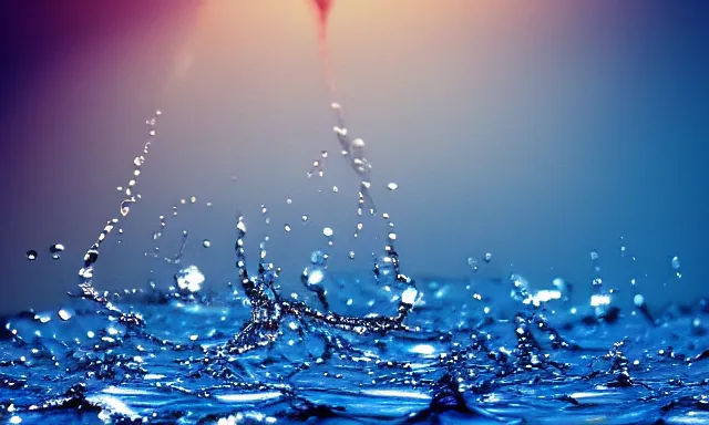Prompt: beautiful picture of many orderly big drops of water floating quietly on a blue background, hot and sunny highly-detailed, elegant, dramatic lighting, artstation, 4k, cinematic landscape, photograph by National Geographic