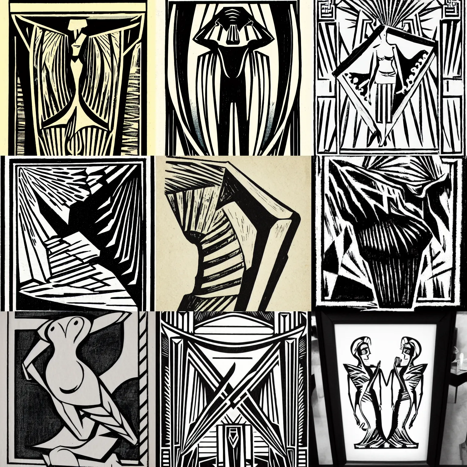 Prompt: art deco woodcut portraying scapula, black and white