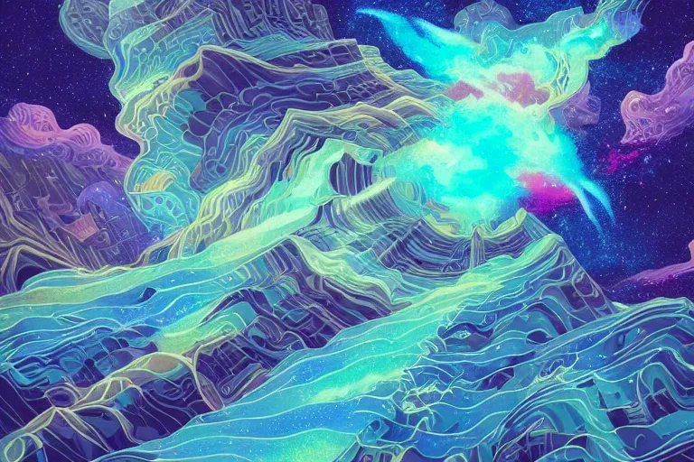 Prompt: holographic 🌠 wind convergence digital matte illustration, pastiche by dan mumford, pastiche by cyril rolando, pastiche by victo ngai, precise and intricate linework, art nouveau cosmic nebula 4 k detailed matte illustration trending on illustrationx, cgsociety, buff and aquamarine color scheme