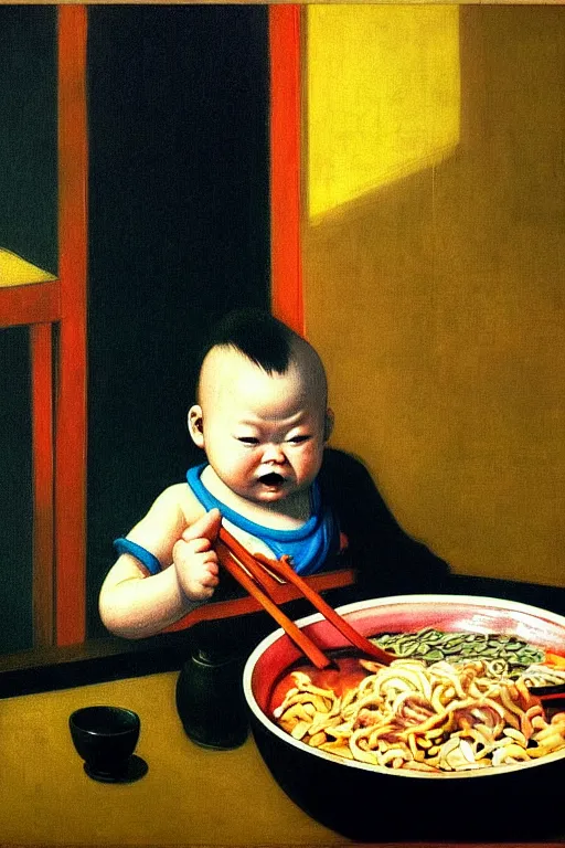 Image similar to evil human giant baby eating a huge bowl of ramen in new york city, traditional chinese restaurant, hauntingly surreal, highly detailed painting by francis bacon, edward hopper, adrian ghenie, gerhard richter, and james jean soft light 4 k,