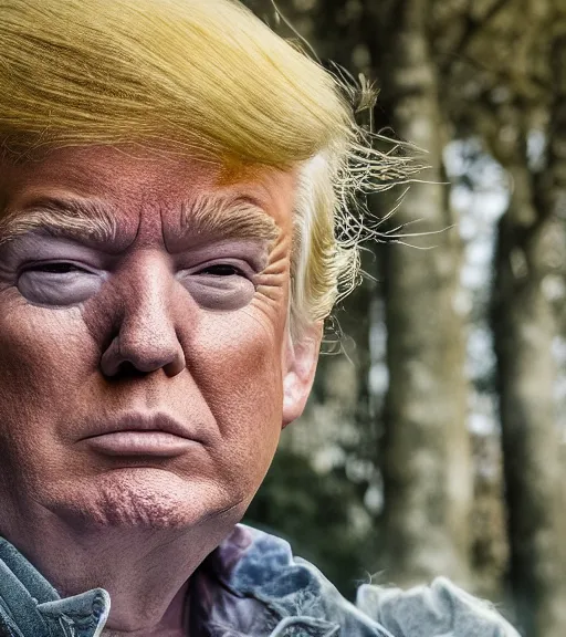 Image similar to award winning 5 5 mm close up portrait color photo of trump as songoku, in a park by luis royo. soft light. sony a 7 r iv