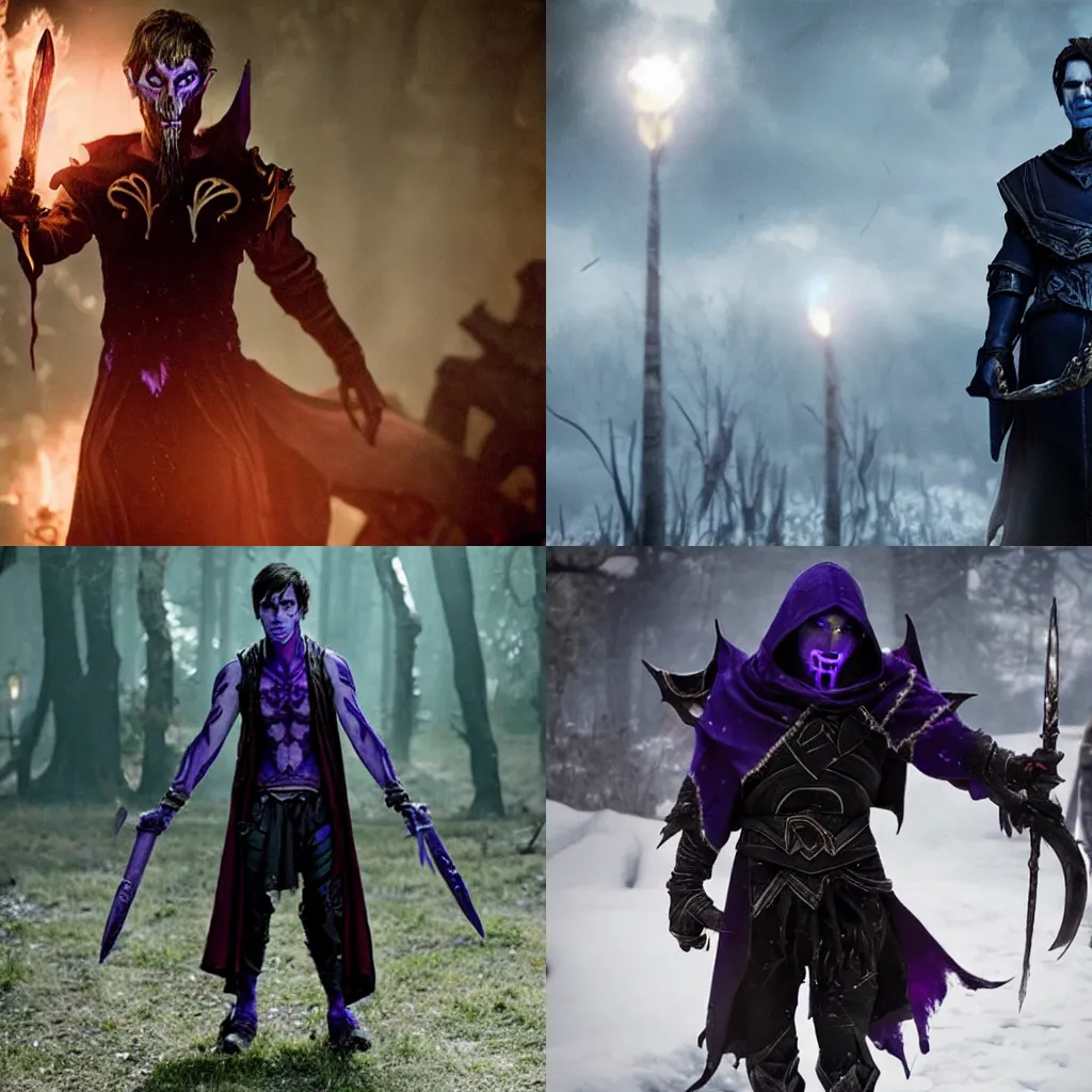 Prompt: Norman Bates as a Void Elf Rogue in a World of Warcraft movie. Cinematic Still.