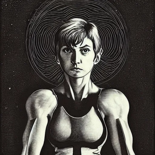 Image similar to samus aran portrait by goya and escher and hogarth, illusion surreal art, highly conceptual figurative art, intricate detailed illustration, controversial poster art, polish poster art, geometrical drawings, no blur