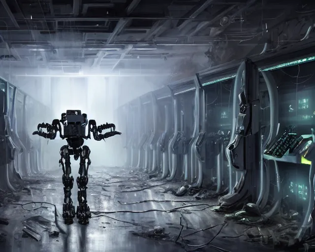 Prompt: spot boston dynamics in gloomy ruined server room in datacenter painting concept art of robodog colossus, sharp focus, emitting diodes, smoke, artillery, pacing, computers, racks, motherboard, by pascal blanche rutkowski artstation detailed matte painting, 4 k resolution