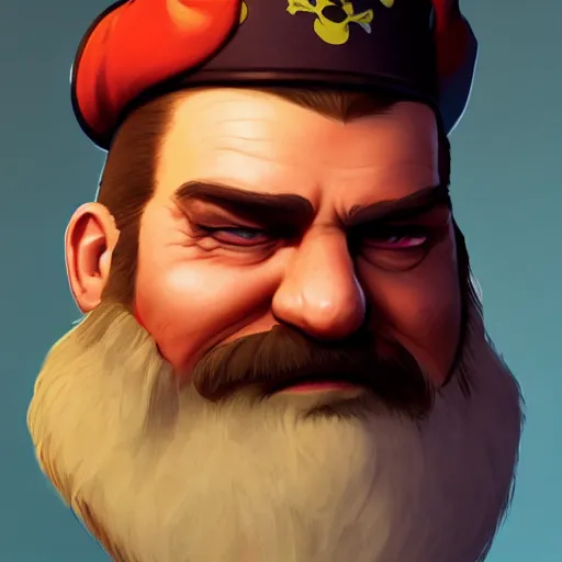 Image similar to portrait of an old pirate captain, big brown beard, strong chin, eyepatch, mattepainting concept blizzard pixar maya engine on stylized background splash comics global illumination lighting artstation lois van baarle, ilya kuvshinov, rossdraws