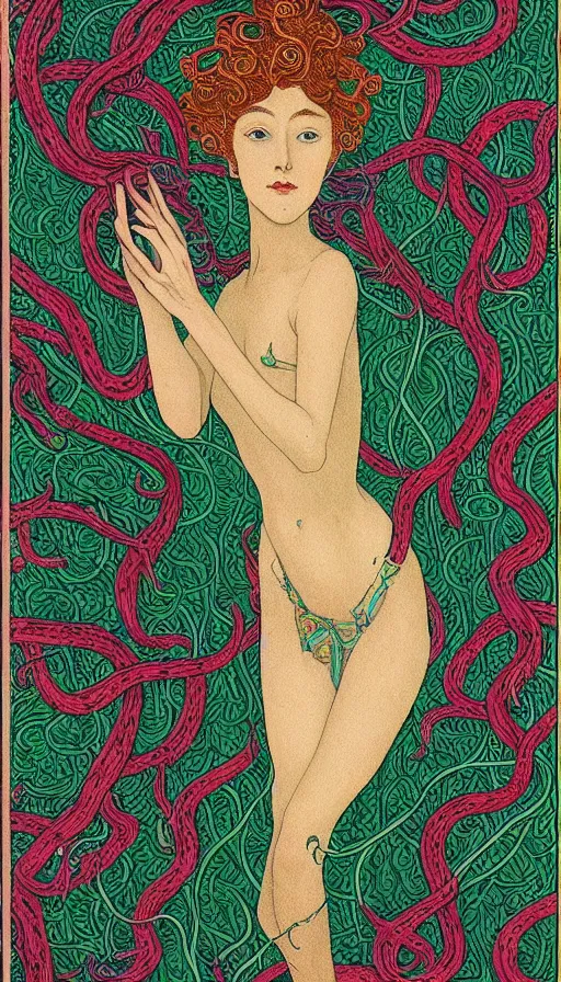 Image similar to very detailed portrait of a 2 0 years old girl surrounded by tentacles, the youg woman visage is blooming from fractal and vines, by ivan bilibin,