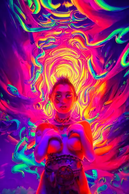 Image similar to a beautiful shaman girl engulfed in colorful liquid smoke and neon clouds, a colorful psychedelic experience, dmt, lsd, face, highly detailed, artstation, concept art, matte, sharp focus, illustration, digital art by hana yata, and artem demura and beeple, octane render, unreal engine, 8 k, pixel sorting