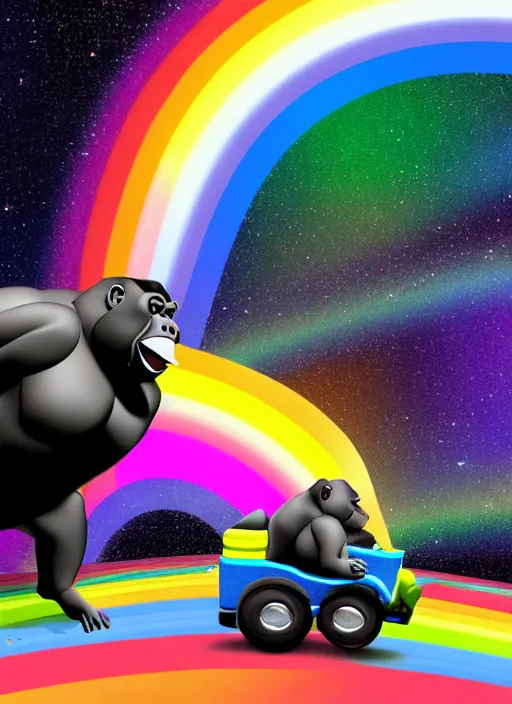 Prompt: A photo of a fat gorilla riding a tricycle on a rainbow road in space.