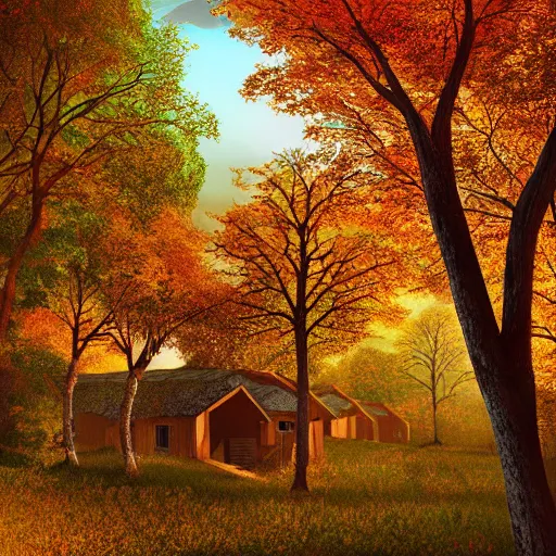 Image similar to a village full of tree houses nestled in a forest, modern architecture, golden hour, autumn leaves, realistic high quality art digital art