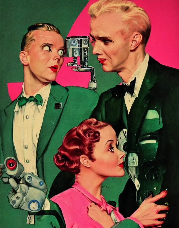 Prompt: a female housewife being hugged by a robot!!! husband!!! in a suit, 1 9 5 0 s horror film movie poster style, ( norman rockwell oil painting ), close - up shot, retro science fiction, vintage, saturated pink and green lighting, shadowy lighting