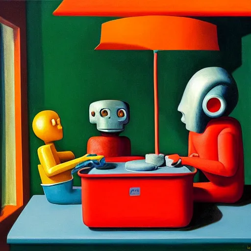 Image similar to happy robots eating play - doh noodles from a play - doh nozzle, grant wood, pj crook, edward hopper, oil on canvas