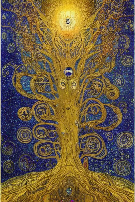 Prompt: Tree of Life by Karol Bak, Jean Deville, Gustav Klimt, and Vincent Van Gogh, Surreality, radiant halo, jeweled leaves, otherworldly, enigma, fractal structures, celestial, arcane, ornate gilded medieval icon, third eye, spirals