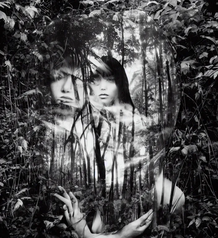 Image similar to a female model with long black hair, emerging from a dense misty jungle wearing camouflage by yohji yamamoto, in the style of daido moriyama, 3 5 mm film, camera obscura, double exposure