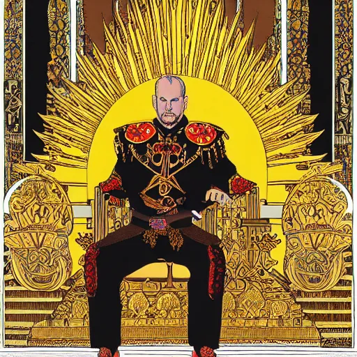 Prompt: modern self portrait of man sitting on throne, legs crossed, while holding a sword, white man, hispanic, brown hair, light skin, golden throne, sharp, marker, red robes, 8 k, hi - rez, clear, brown eyes, colored, green plants and golden background, sun in the sky, palace scenery, sharp, illustrated by yoji shinkawa