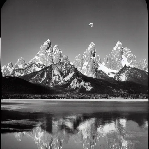 Prompt: the moon above the tetons and the snake river, by ansel adams,