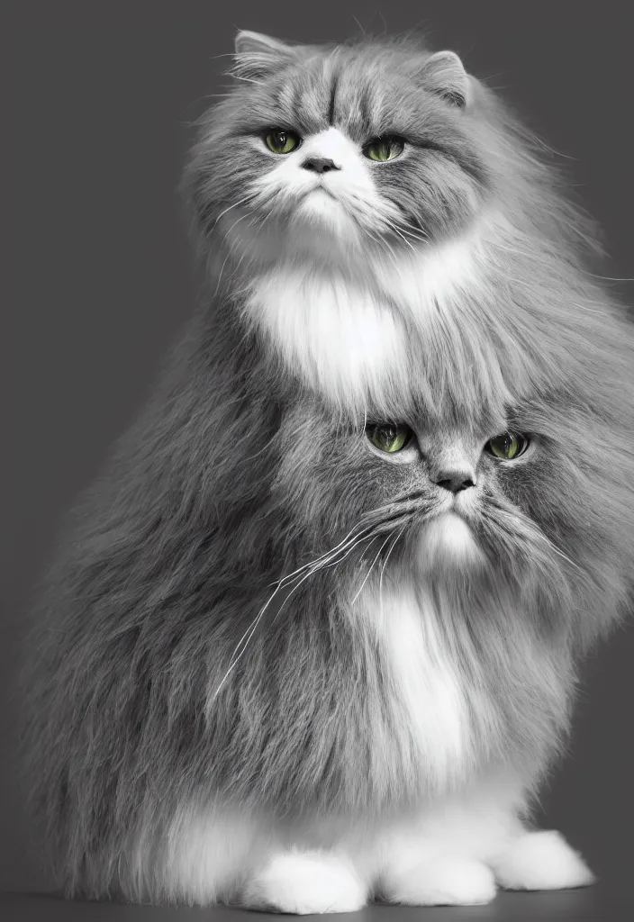 Image similar to longhair floof fluffy coiffed groom elegant gorgeously cfa champion cute pretty scottish fold cat, radiant sigma 3 5 mm f / 8 detailed painting, grisaille dark monochrome with neon fluorescent color airbrush spraypaint accents, by jules julien, wes anderson, lisa frank, octane render 4 k