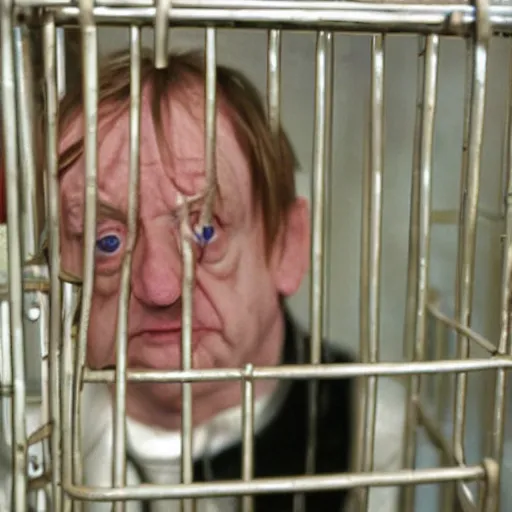 Image similar to mark e smith in a small cage marked for sale