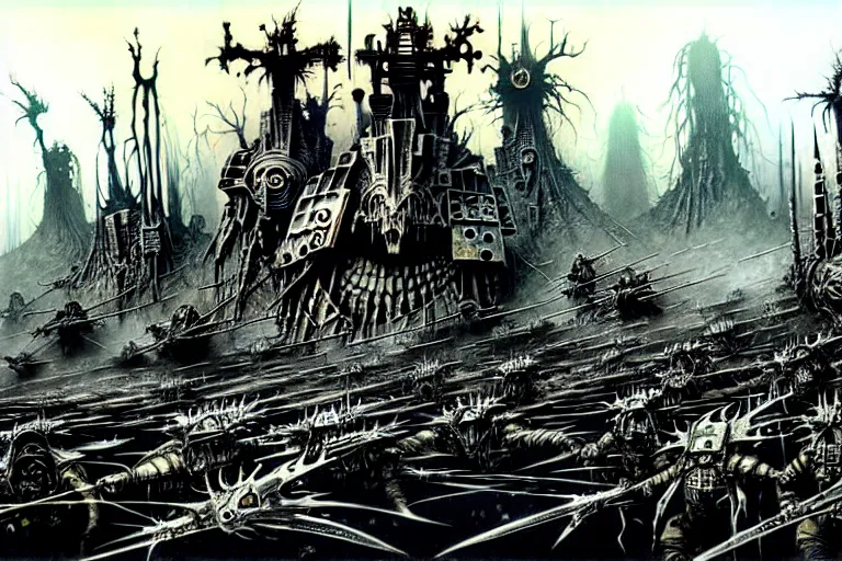 Prompt: ian miller, battlefield, multitudes, spirits, ghosts, vertical, warhammer 4 0 k