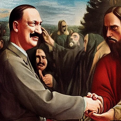 Image similar to hitler handshakes jesus hd, realistic, by da vinci