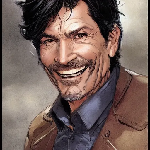 Prompt: portrait of a treasure hunter, grizzled man smiling brightly in his 5 0 s with dark hair and sharp cheekbones, dressed in expensive clothes, detailed face, smooth, sharp focus, graphic novel, art by artgerm and greg rutkowski and pepe larraz,