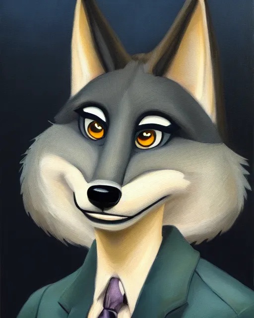 Image similar to oil painting of anthromorphic female wolf, in style of zootopia, female fursona, furry, furaffinity, 4 k, deviantart, furry art, fursona art, wearing black business suit, business suit, wolf fursona, female, very expressive detailed feminine face,