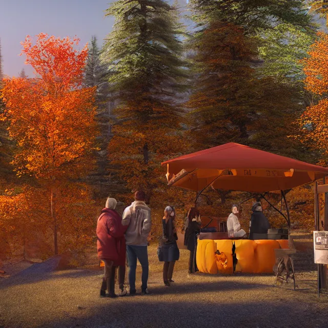 Image similar to pumpkin headed people ordering maple coffee at a maple coffee stand, maple trees with fall foliage, on a mountain in new hampshire, volumetric, realistic, cinematic lighting, ray tracing, unreal engine 5, octane render, hyper realistic, photo, 8 k