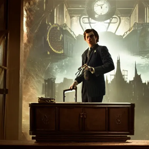 Image similar to a highly detailed cinematic photo from a live - action bioshock movie. andrew ryan, portrayed by evan peters, is shown standing in a 1 9 3 0's office with a large desk in front of a floor - to - ceiling window looking out onto the underwater city of rapture shining in the distance, sea life is shown outside of the window