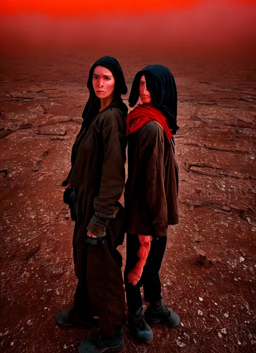 Image similar to cinestill 5 0 d photographic portrait by steve mccurry of two loving female androids wearing rugged black techwear on a desolate plain with a red sky in front of a brutalist structure, extreme closeup, cyberpunk style, dust storm, 8 k, hd, high resolution, 3 5 mm, f / 3 2, ultra realistic faces, ex machina