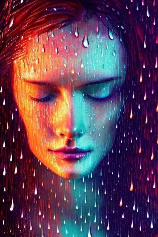 Image similar to portrait of a woman in the glowing neon rain with wet hair and face, rain drops, fantasy, intricate, elegant, dramatic lighting, highly detailed, lifelike, photorealistic, digital painting, artstation, concept art, smooth, sharp focus, illustration, art by John Collier and Albert Aublet and Krenz Cushart and Artem Demura and Alphonse Mucha