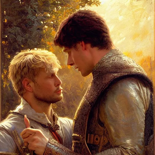 Image similar to attractive male arthur pendragon confesses his love to attractive male merlin. highly detailed painting by gaston bussiere, craig mullins, j. c. leyendecker 8 k