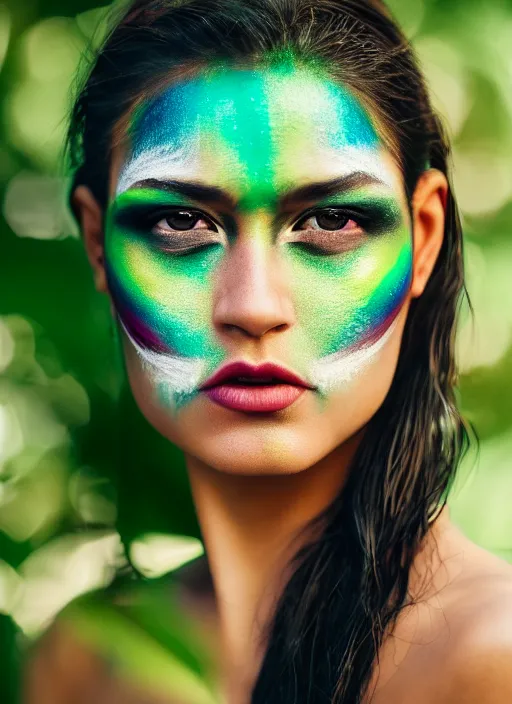 Prompt: beautiful amazon portrait, ( ( head shot ) ), sharp focus, neo classic, bloom, movie still, sony, puerto rico, symmetrial, makeup, sephora, loreal, green highlights, lens flare, african, studio light, octane render, national geographic, maybelline, model, facepaint, traditional, vsco, bokeh, 8 k