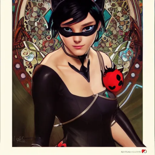 Image similar to Portrait of Cat Noir from Miraculous Ladybug. Art by Greg Rutkowski and Alphonse Mucha