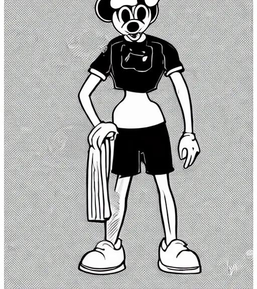 Prompt: man wearing black shorts and oversized white t - shirt and futuristic sunglasses. standing in 3 / 4 angle to the camera. full body illustration. mickey mouse comics style by giorgio cavazzano. black inks, flat colors, white background. s - w 5 7 6