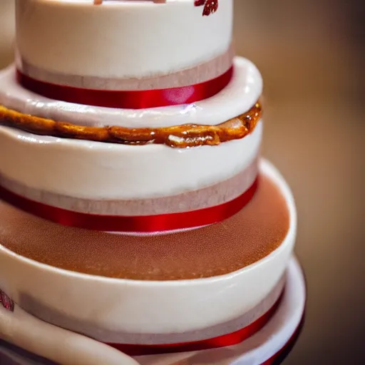 Image similar to a wedding cake made entirely out of meat and sausages with ketchup sauce. During wedding. Highly detailed 8k