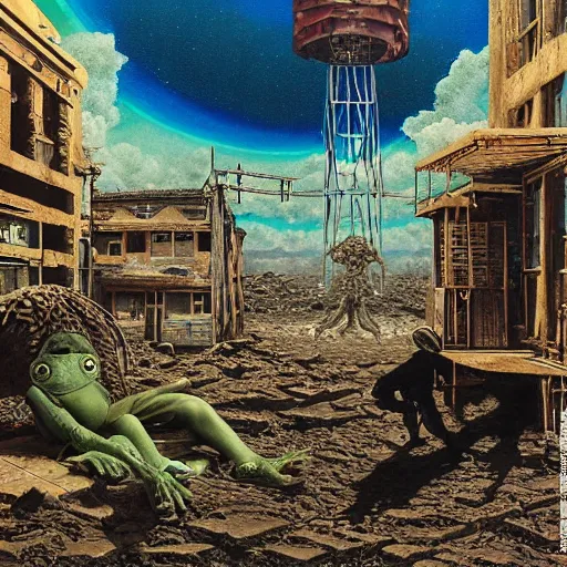 Image similar to a hyperrealistic painting of a ghost town with cowboy pepe the frog teleporting through portals and robotic aliens, apocalyptic desert, cinematic horror by chris cunningham, richard corben, highly detailed, vivid color, beksinski painting, part by junji ito and gerhard richter. art by takato yamamoto. masterpiece