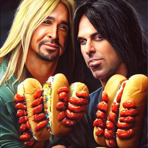 Image similar to portrait of brett michaels and criss angel sharing hotdogs, an oil painting by ross tran and thomas kincade