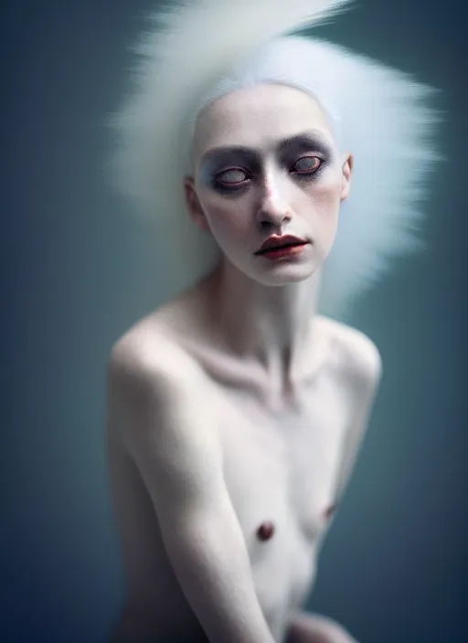 Image similar to cinestill 5 0 d photo portrait of a beautiful hybrid with woman face in style of paolo roversi by roberto ferri, weird marble body, white hair floating in air, 1 5 0 mm lens, f 1. 2, ethereal, emotionally evoking, head in focus, bokeh, volumetric lighting, matt colors outdoor