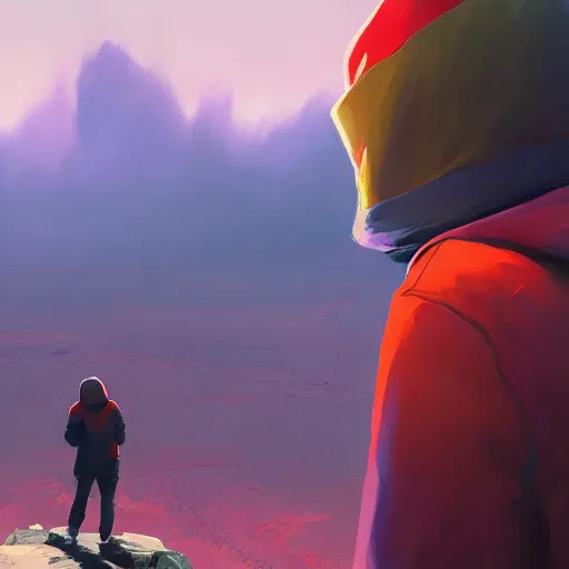Prompt: View from back of a guy wearing a colorful hoodie, by Greg Rutkowski, James Gilleard, Jordan Grimmer digital art , CGSociety, Unreal Engine, 4K, 8K