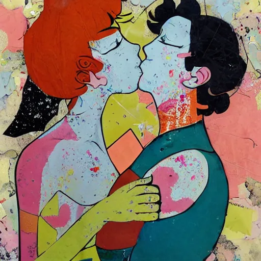 Prompt: two anime women kissing at a carnival, mixed media collage, retro, paper collage, magazine collage, acrylic paint splatters, bauhaus, abstract claymation, layered paper art, sapphic visual poetry expressing the utmost of desires by jackson pollock