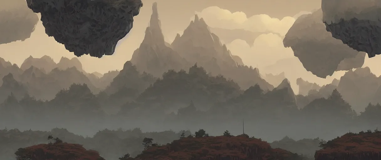 Image similar to floating islands over forest, mountains in background, concept art, low angle, cinematic, style of ralph mcquarrie