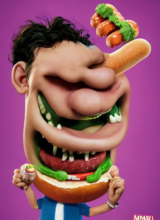 Prompt: hyperrealistic mark ruffalo caricature screaming on a dartboard surrounded by big fat frankfurter sausages with a trippy surrealist mark ruffalo screaming portrait on The Amazing World of Gumball by and norman rockwell and aardman animation, mark ruffalo caricature dartboard with hot dogs, breakfast box mascot, target reticles