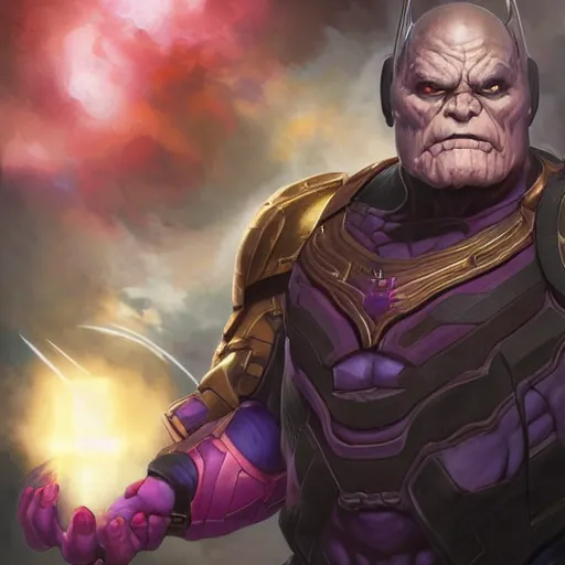 Image similar to characters portrait of Darkseid mixed with Thanos by ArtGerm and Tom Bagshaw, merged character, Full body shot, cinematic opening shot, 4k, highly detailed, cinematic lighting