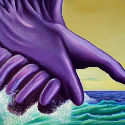 Prompt: an oil painting of a giant purple hand, coming out of the ocean, holding a viking ship