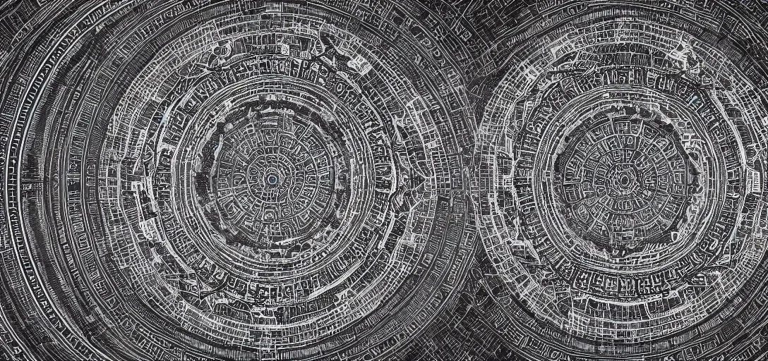 Prompt: high-angle view of a stock of giant steel mandala disk cities floating above a hardlit moonscape, embossed charcoal interior follow a mandala pattern which inversely displays a detailed city at night, wide angle photo, f8 aperture