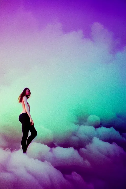 Image similar to high quality pastel coloured film close up wide angle photograph of a model wearing clothing swimming on cloud furniture in a icelandic black rock!! environment in a partially haze filled dreamstate world. three point light, rainbow. photographic production. art directed. pastel colours. volumetric clouds. pastel gradient overlay. waves glitch artefacts. extreme facial clarity. 8 k. filmic.